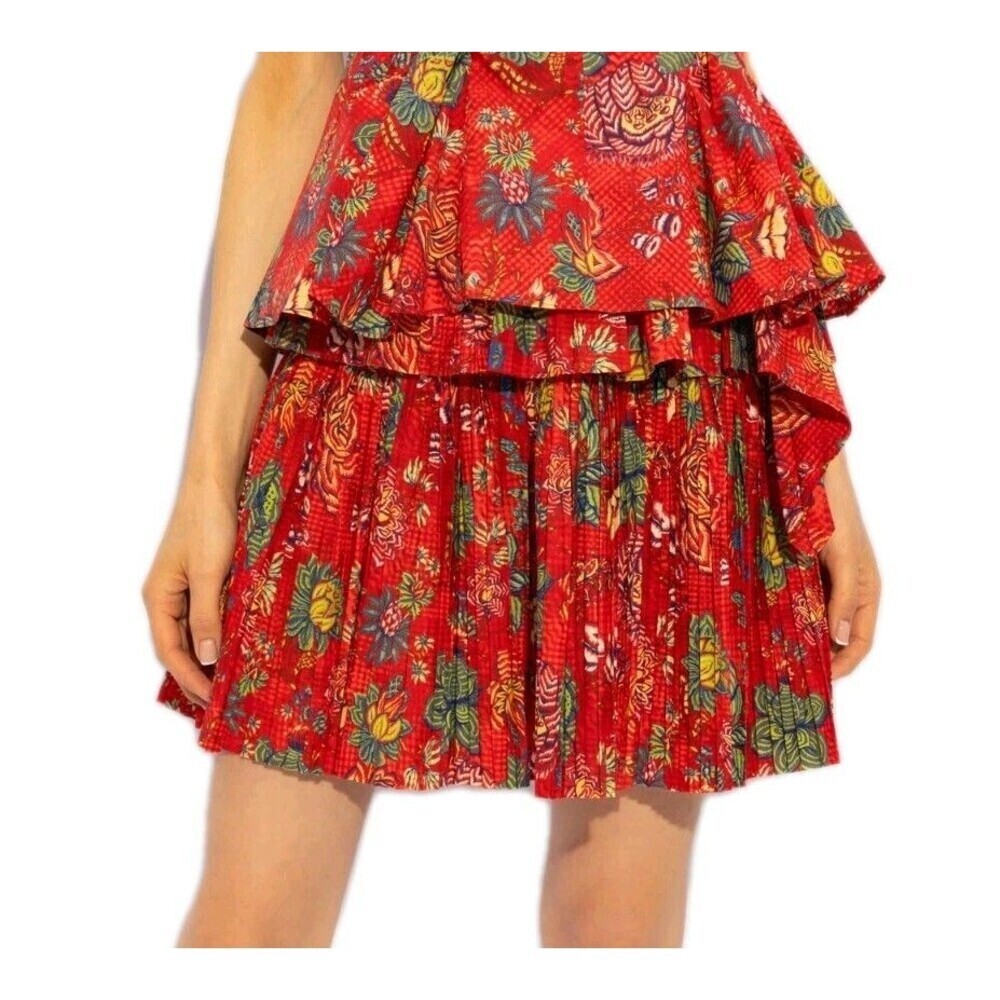 Ulla Johnson Mini Skirt Juno Tiered Pleated Poplin In Hibiscus Size 0 Red Cotton
